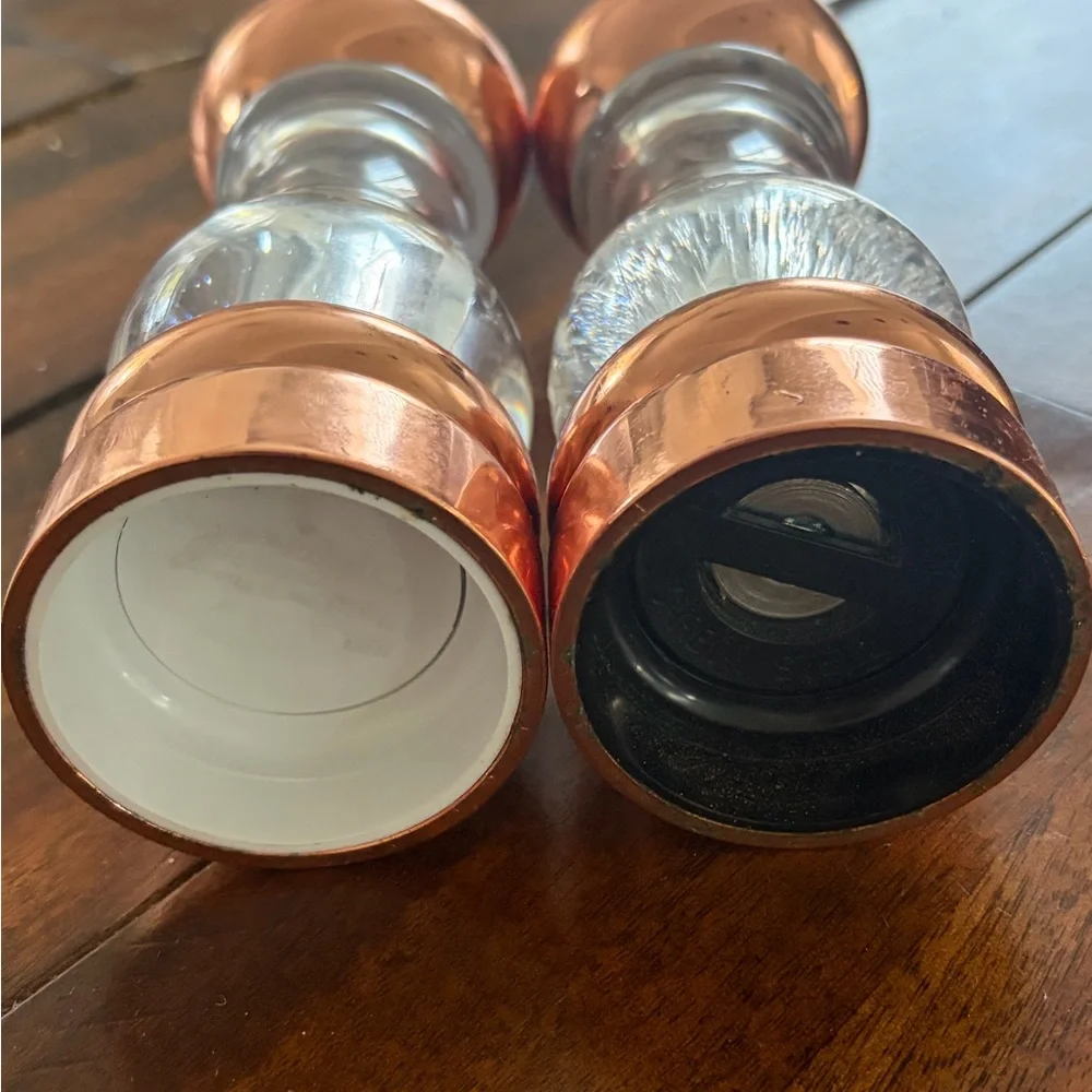 Crate&Barrel Copper and Clear Glass Salt and Pepper Shakers
